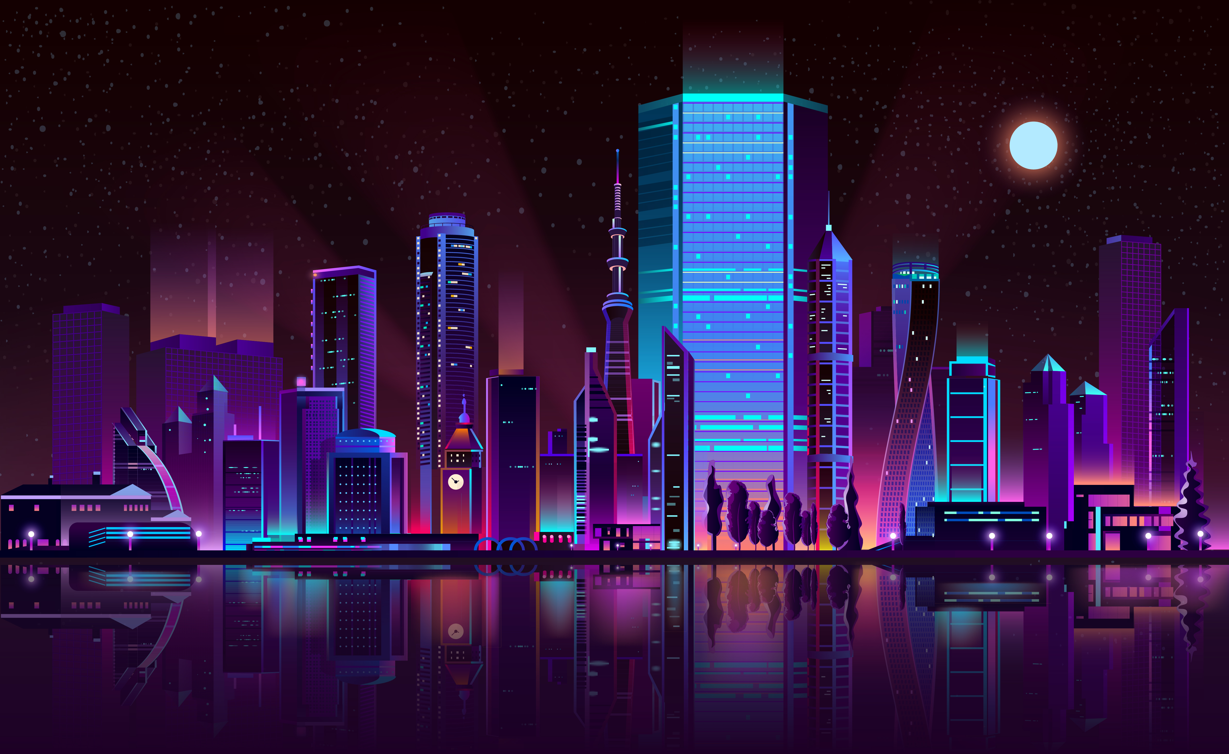 Horizonte de uma cidade com fortes luzes neon e grandes prédios